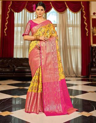 Yellow ethnic motifs woven design zari banarasi saree 1