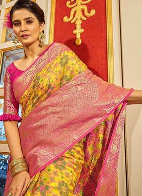 Yellow ethnic motifs woven design zari banarasi saree 4