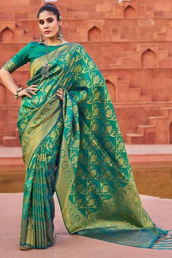 Green floral woven design zari saree