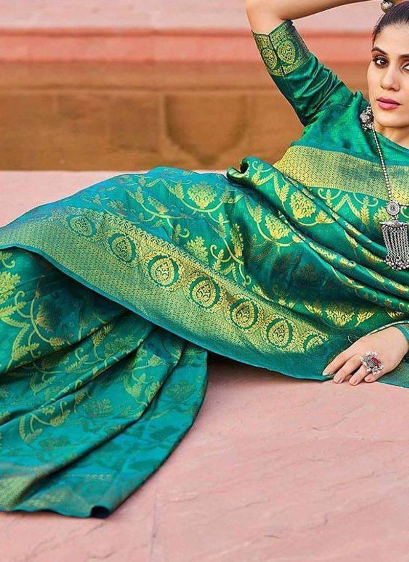 Green floral woven design zari saree