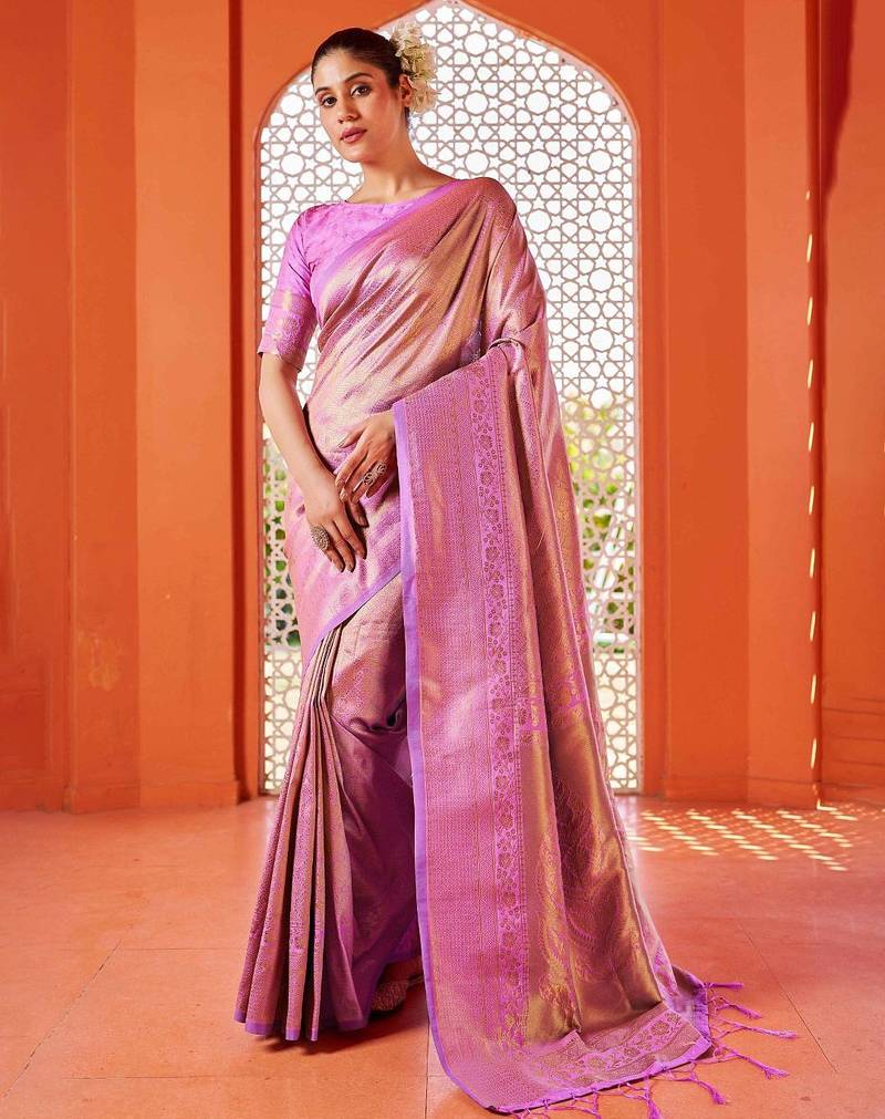 Pink woven design ethnic motifs zari saree