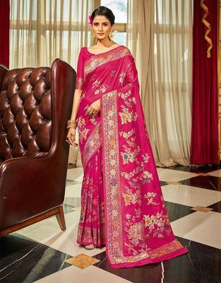 Pink floral woven design zari silk blend saree 1