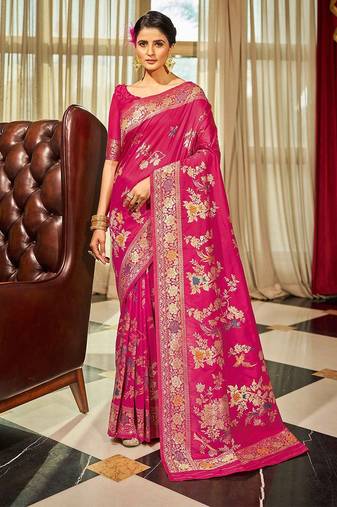 Pink floral woven design zari silk blend saree