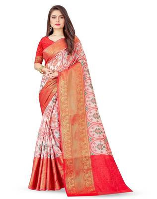 White ethnic motifs printed banarasi saree 1