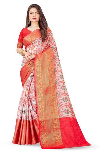 White ethnic motifs printed banarasi saree