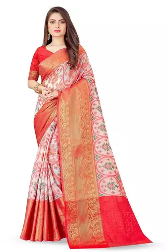 White ethnic motifs printed banarasi saree