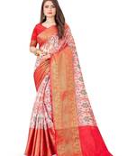 White ethnic motifs printed banarasi saree