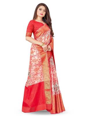 White ethnic motifs printed banarasi saree 2