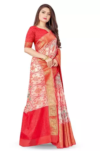 White ethnic motifs printed banarasi saree
