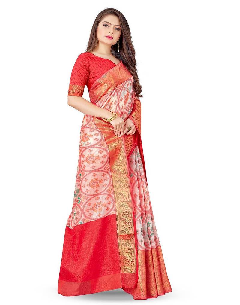 White ethnic motifs printed banarasi saree