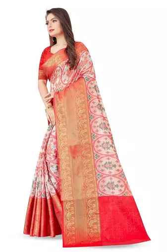 White ethnic motifs printed banarasi saree