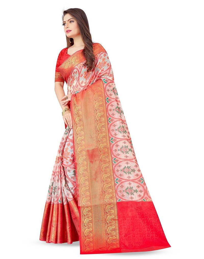 White ethnic motifs printed banarasi saree