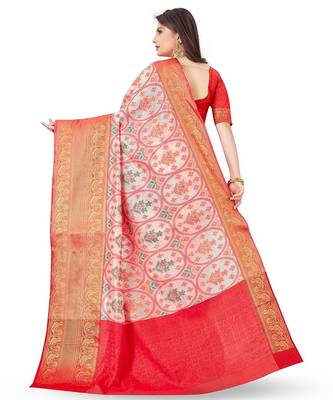 White ethnic motifs printed banarasi saree 4