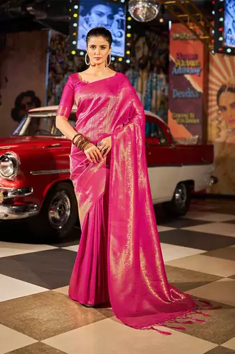 Pink ethnic woven design zari saree