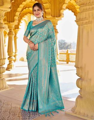 Blue woven design zari ethnic motifs zari saree 1