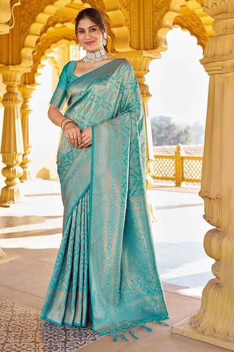 Blue woven design zari ethnic motifs zari saree
