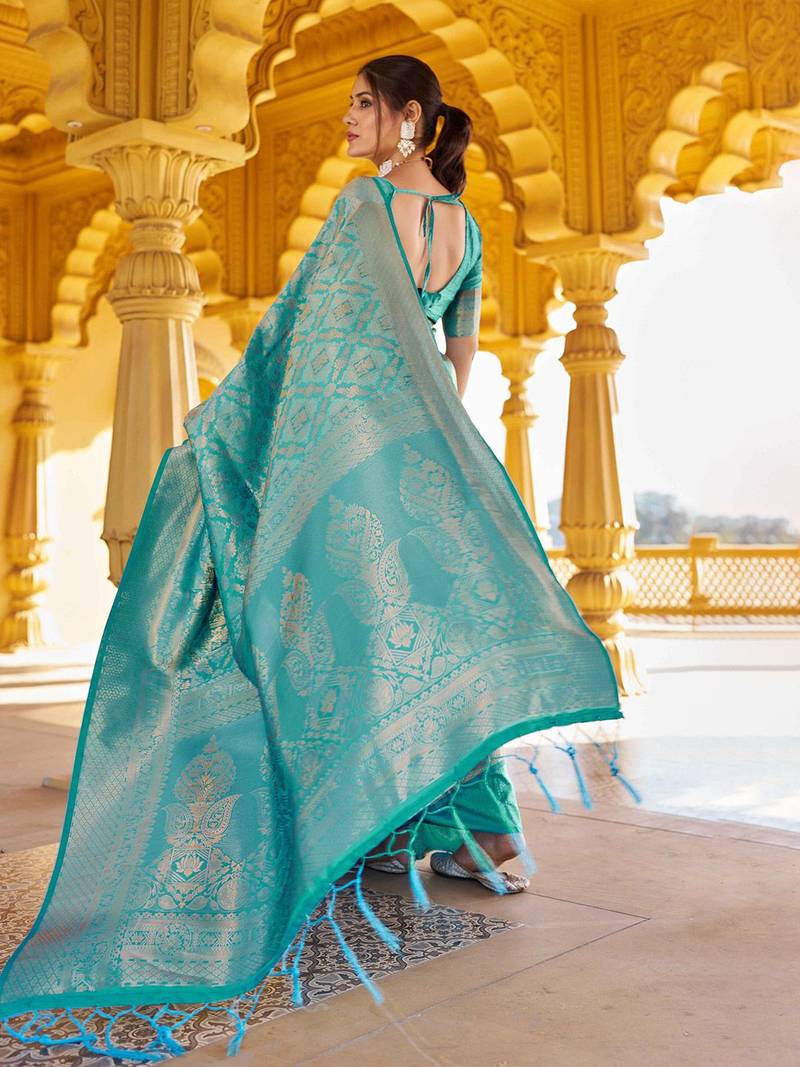 Blue woven design zari ethnic motifs zari saree