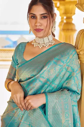 Blue woven design zari ethnic motifs zari saree