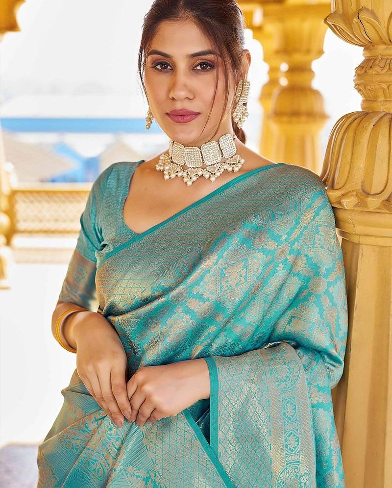 Blue woven design zari ethnic motifs zari saree