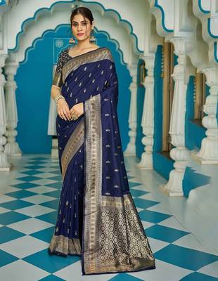 Blue ethnic woven design zari saree 1