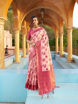 Pink floral woven design zari saree 1