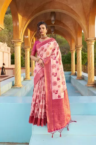 Pink floral woven design zari saree