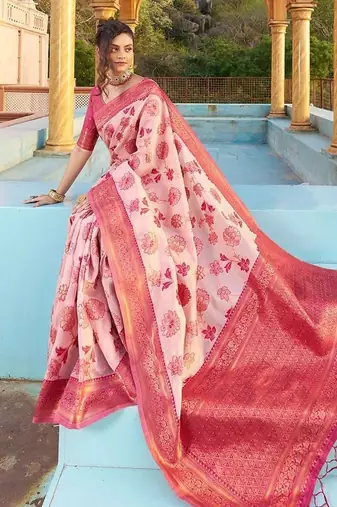 Pink floral woven design zari saree