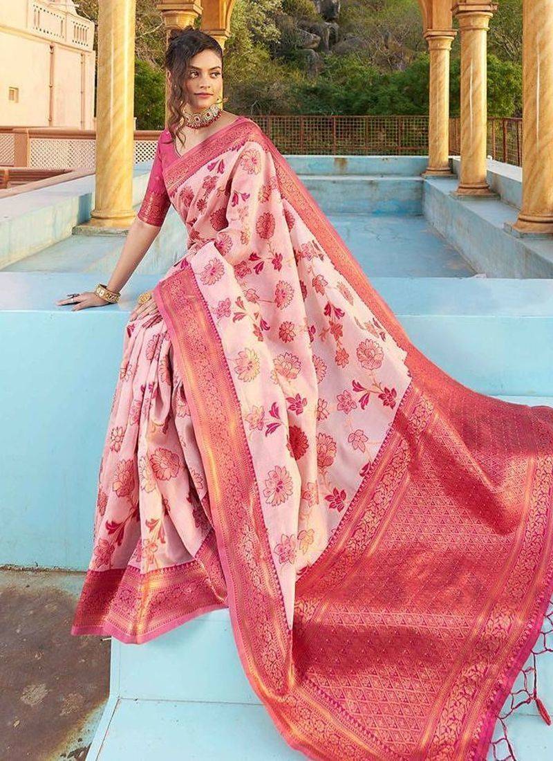 Pink floral woven design zari saree