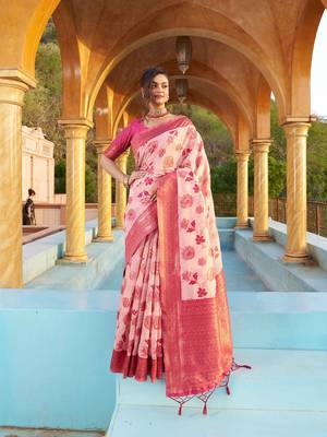 Pink floral woven design zari saree 3