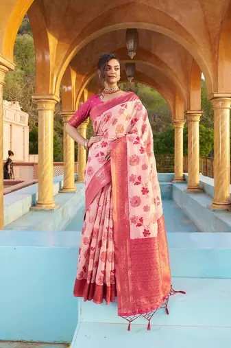 Pink floral woven design zari saree