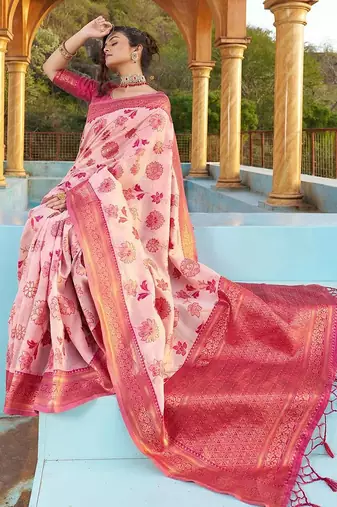 Pink floral woven design zari saree