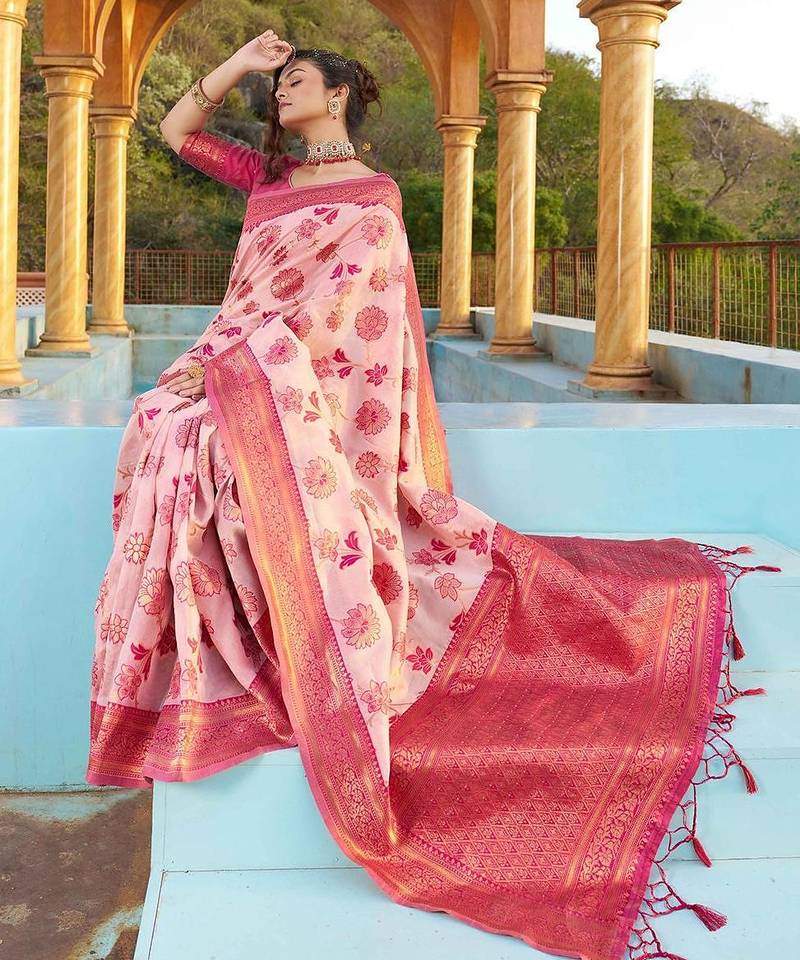 Pink floral woven design zari saree