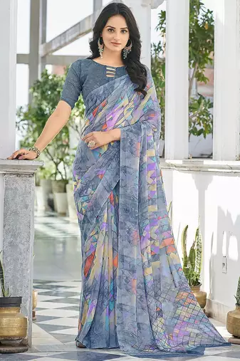 Grey geometric printed pure chiffon dabu saree
