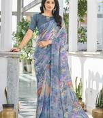 Grey geometric printed pure chiffon dabu saree