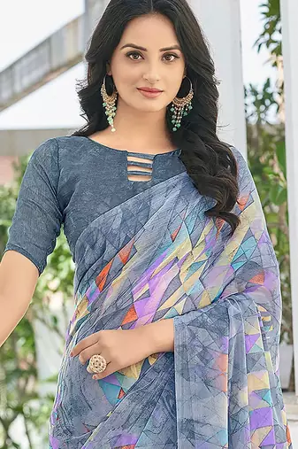 Grey geometric printed pure chiffon dabu saree