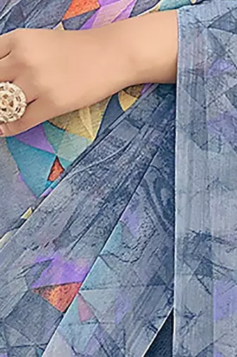 Grey geometric printed pure chiffon dabu saree