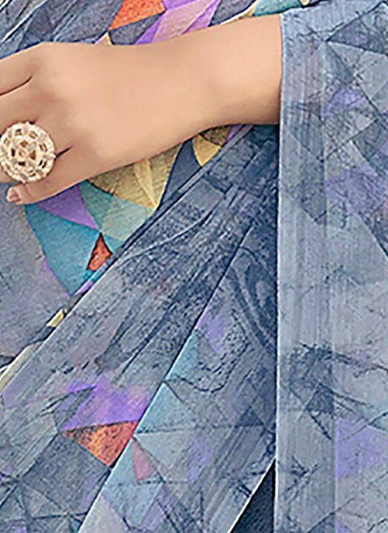 Grey geometric printed pure chiffon dabu saree