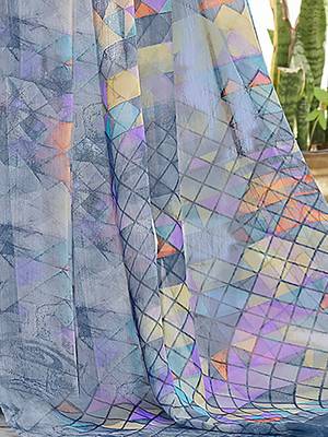 Grey geometric printed pure chiffon dabu saree 4