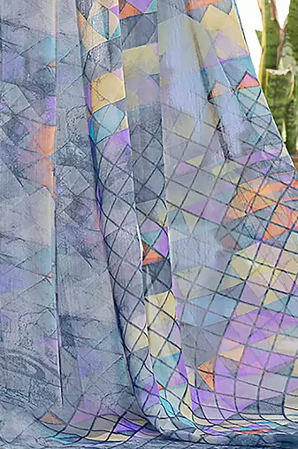 Grey geometric printed pure chiffon dabu saree