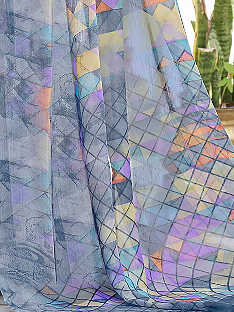 Grey geometric printed pure chiffon dabu saree
