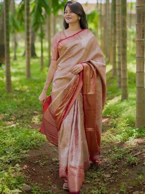 Peach woven design zari silk blend saree 1