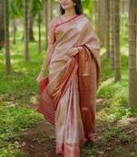 Peach woven design zari silk blend saree