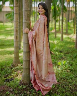Peach woven design zari silk blend saree 2