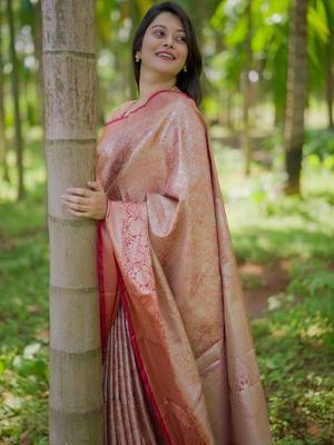 Peach woven design zari silk blend saree 4