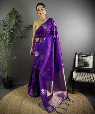 Violet ethnic motifs woven design zari saree 1
