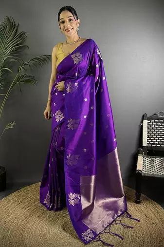 Violet ethnic motifs woven design zari saree