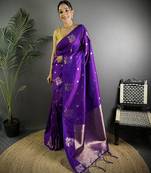 Violet ethnic motifs woven design zari saree