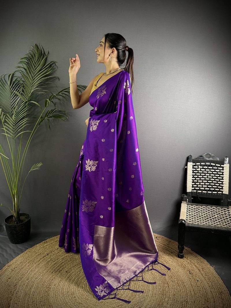 Violet ethnic motifs woven design zari saree