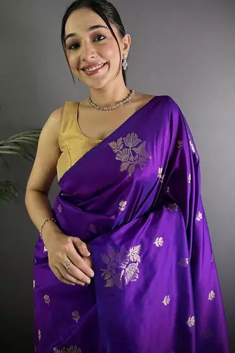 Violet ethnic motifs woven design zari saree