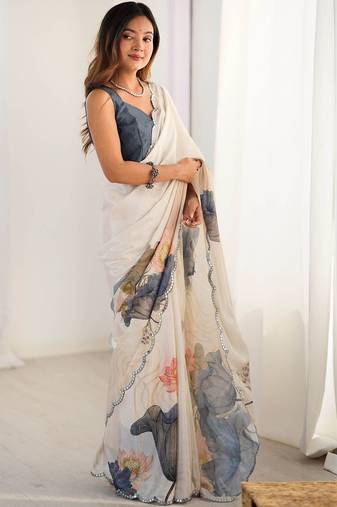 Off white floral sequinned pure chiffon saree